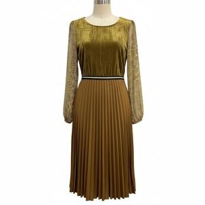 Mystree M Dress Gold Velvet Snakeskin Pleated Bell Sleeve Sleek Old Money Witchy